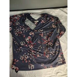 Cupio Blush Women XL Floral V-Neck Strappy Back Long Sleeve Knit Top Blue Pink